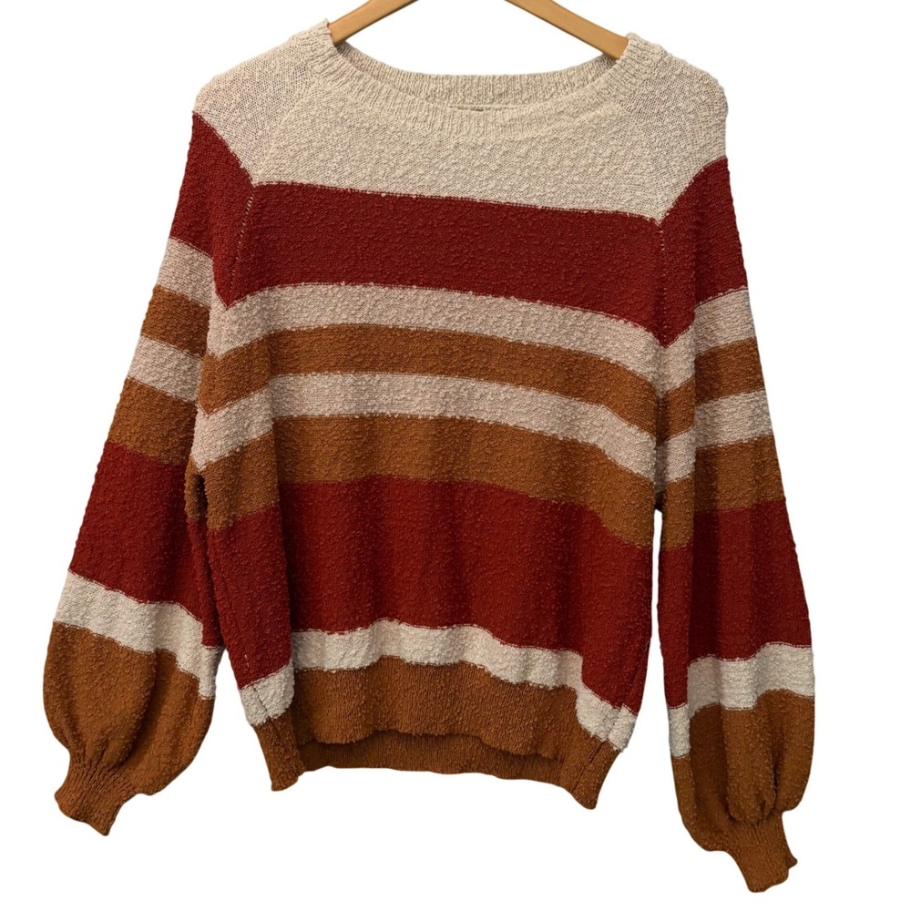 Umgee USA Womens Medium Popcorn Knit Striped Balloon Sleeve Sweater Rust Fall